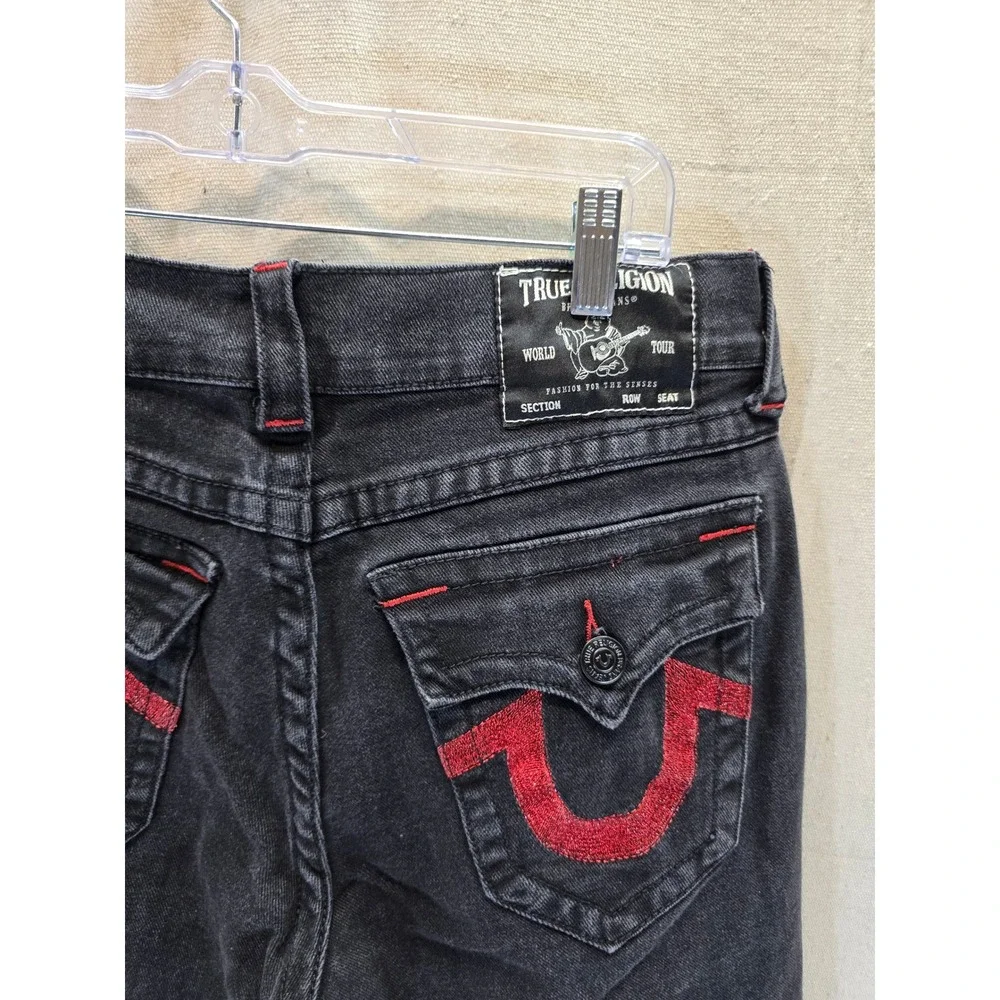 True Religion Ricky Relaxed Straight Black Jeans Red Stitching Mens 31 x 31